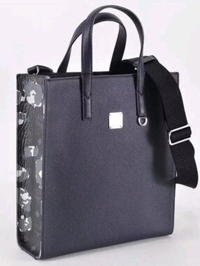 MCM Navy Leather Messenger Tote Bag with Camo Print